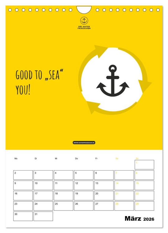 Produktbild: hafenprinzessin: Ankertr&auml;ume & Meer - Der moderne Zitate-Wandkalender f&uuml;r maritime Lebensmomente! (Wandkalender 2026 DIN A4 hoch), CALVENDO Monatskalender