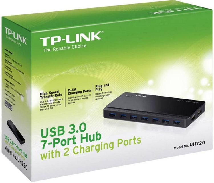 Produktbild: TP-LINK UH720 USB-Hub 7+2 Port USB-A USB 3.0 5 GBit/s mit Schnellladeport Schwarz UH720