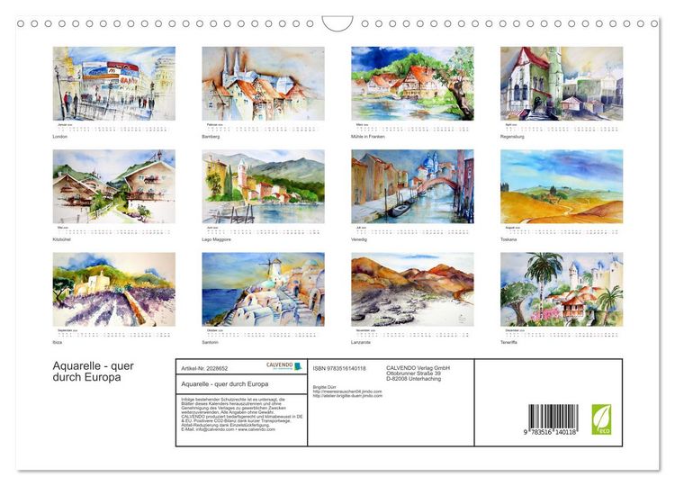 Produktbild: Aquarelle - quer durch Europa (Wandkalender 2026 DIN A3 quer), CALVENDO Monatskalender