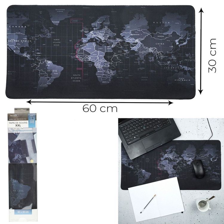 Produktbild: Mousepad XXL Motiv Weltkarte, ca. 60 x 30 cm, schwarze Grundfarbe, Elastomer-Gummi