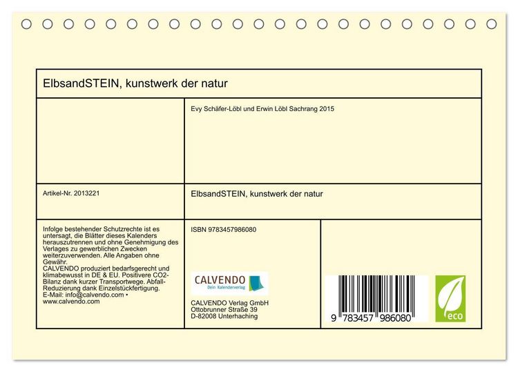 Produktbild: ElbsandSTEIN, kunstwerk der natur (Tischkalender 2026 DIN A5 quer), CALVENDO Monatskalender