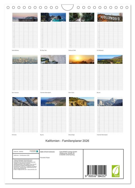 Produktbild: Kalifornien - Familienplaner 2026 (Wandkalender 2026 DIN A4 hoch), CALVENDO Monatskalender