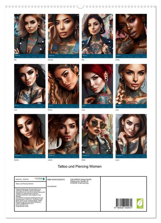 Produktbild: Tattoo und Piercing Women (hochwertiger Premium Wandkalender 2026 DIN A2 hoch), Kunstdruck in Hochglanz