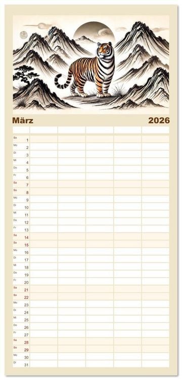 Produktbild: Familienplaner 2026 - Chinesische Tierkreiszeichen - Kunstvolle KI-Tuschemalerei des Ostens mit 5 Spalten (Wandkalender, 21 x 45 cm) CALVENDO