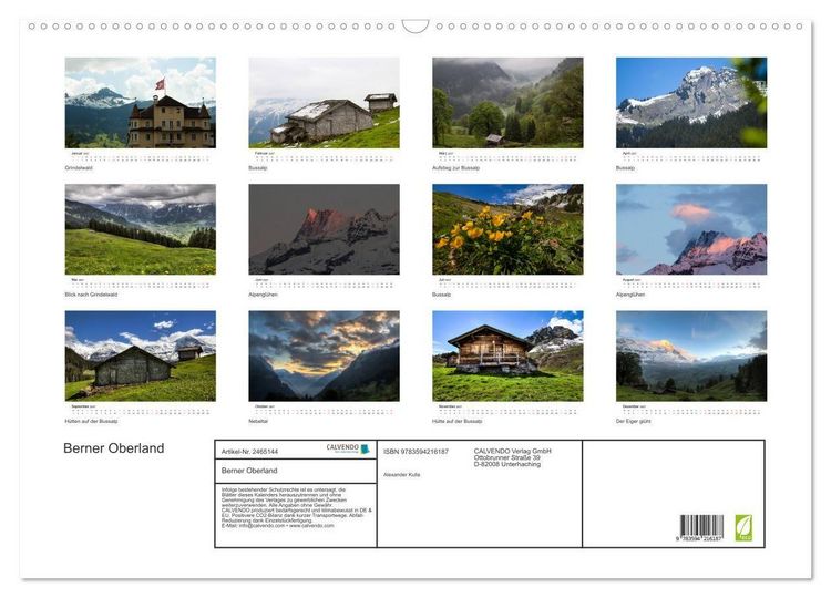 Produktbild: Berner Oberland (Wandkalender 2027 DIN A2 quer), CALVENDO Monatskalender