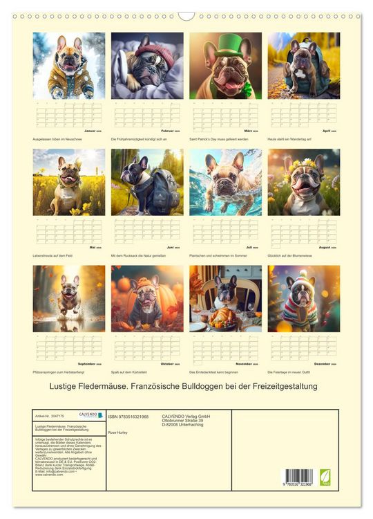 Produktbild: Lustige Flederm&auml;use. Franz&ouml;sische Bulldoggen bei der Freizeitgestaltung (Wandkalender 2026 DIN A2 hoch), CALVENDO Monatskalender
