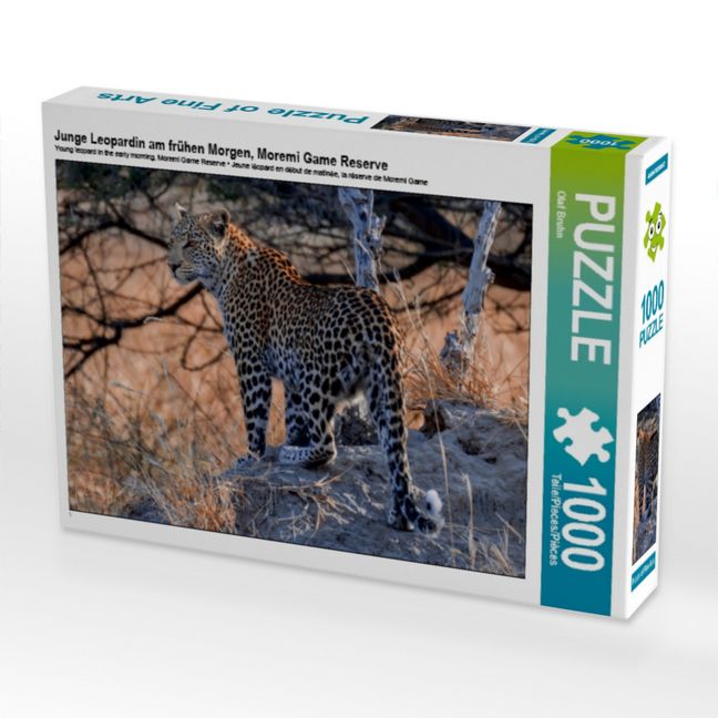 Produktbild: CALVENDO Puzzle Junge Leopardin am fr&uuml;hen Morgen, Moremi Game Reserve | 1000 Teile Lege-Gr&ouml;&szlig;e 64x48cm Foto-Puzzle f&uuml;r gl&uuml;ckliche Stunden