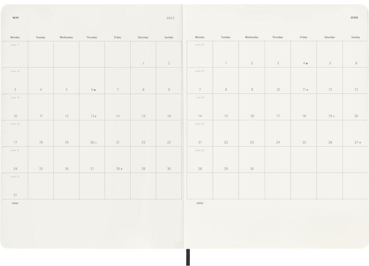 Produktbild: Moleskine 12 Monate Wochen Notizkalender 2027, XL, 1 Wo = 1 Seite, rechts linierte Seite, Weicher Einband, Schwarz