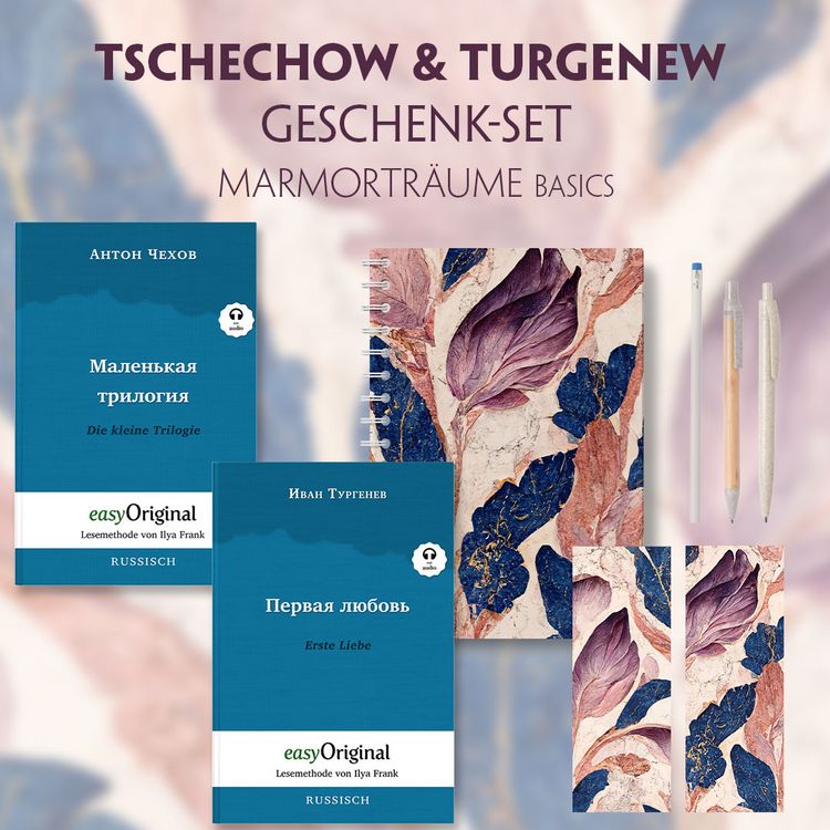 Produktbild: Tschechow & Turgenew Geschenkset - 2 B&uuml;cher (Softcover mit Audio-Online) + Marmortr&auml;ume Schreibset Basics