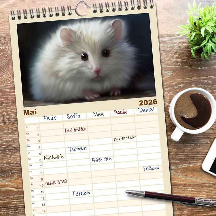Produktbild: Familienplaner 2026 - Zauberhafte Fluffies mit 5 Spalten (Wandkalender, 21 x 45 cm) CALVENDO