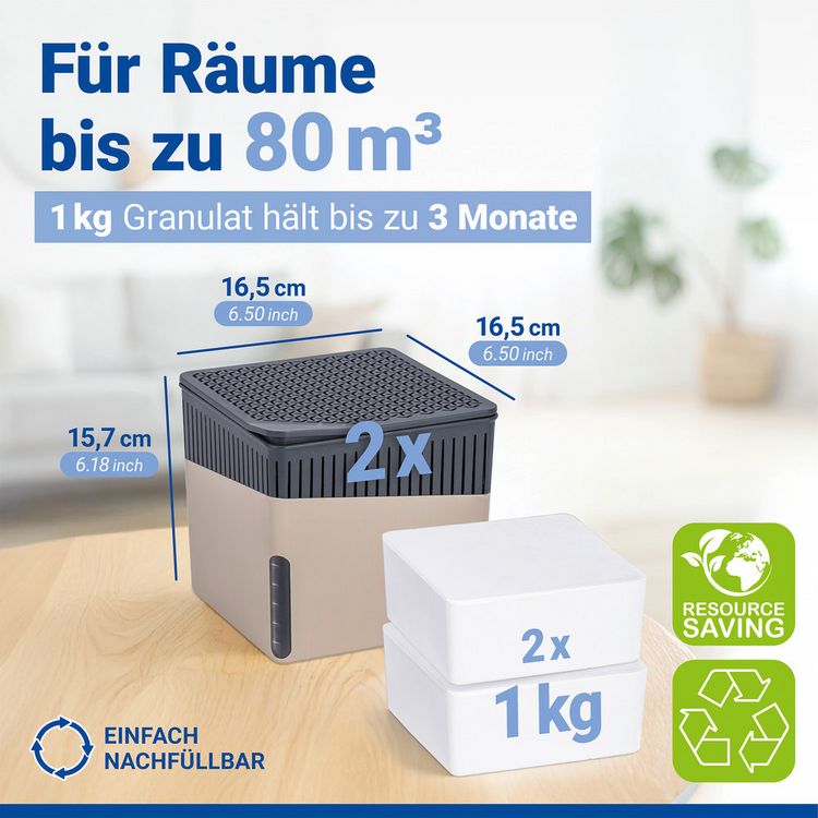 Produktbild: Raumentfeuchter Mod. Cube Beige 1000 g, 2er Set, beugt Schimmel und Ger&uuml;chen vor