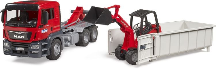 Produktbild: Bruder LKW Modell MAN TGS mit Abrollcontainer + Sch&auml;ffer Hoflader Fertigmodell