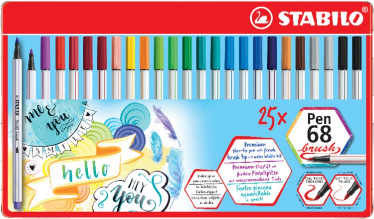 Produktbild: STABILO Premium-Filzstift mit Pinselspitze f&uuml;r variable Strichst&auml;rken -   Pen 68 brush - 25er Metalletui - mit 19 verschiedenen Farben