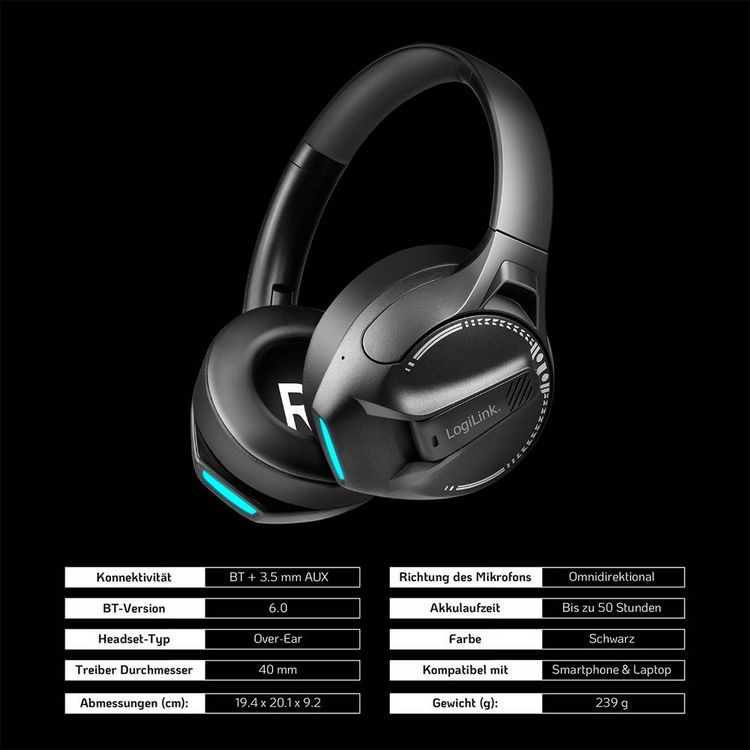 Produktbild: LogiLink BT0070 Over Ear Kopfh&ouml;rer Bluetooth&reg; Schwarz