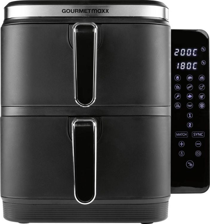 Produktbild: GourmetMaxx FryUp Vertical 15305 Hei&szlig;luft-Fritteuse 10 l 2800 W 2 getrennte Temperaturregler, Antihaftbeschichtung, digitaler Timer Schwarz