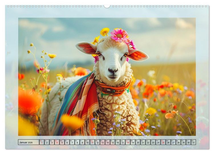 Produktbild: Bunter Schafschick. Flauschige Trendsetter zum verlieben (hochwertiger Premium Wandkalender 2026 DIN A2 quer), Kunstdruck in Hochglanz