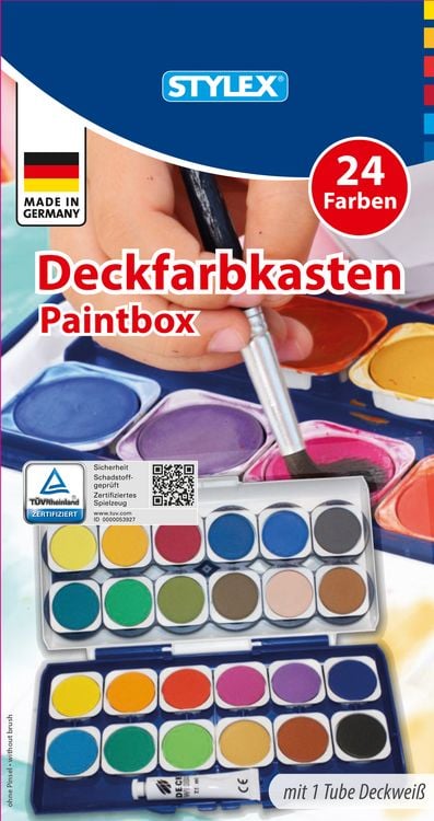 Produktbild: Stylex Deckfarbkasten 24 Farben mit 1 Tube Deckwei&szlig; und 6 integrierte runde Mischfelder