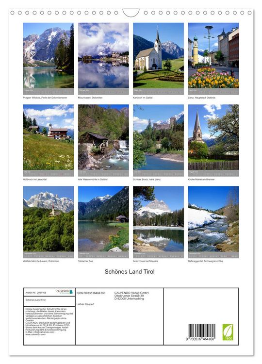Produktbild: Sch&ouml;nes Land Tirol (Wandkalender 2026 DIN A3 hoch), CALVENDO Monatskalender