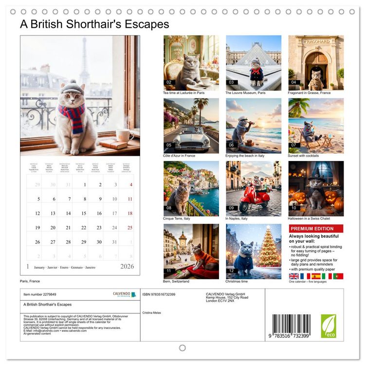 Produktbild: A British Shorthair's Escapes (Wall Calendar 2026 12 &times; 12 Inch) CALVENDO 12 Month Wall Calendar