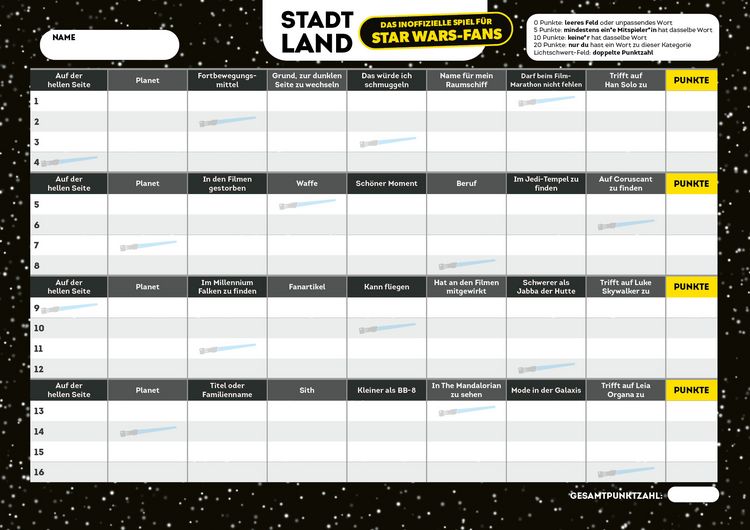 Produktbild: Stadt, Land, das inoffizielle Spiel f&uuml;r Star Wars-Fans &ndash; Der Spieleklassiker f&uuml;r alle Fans von Luke, Leia und Rey