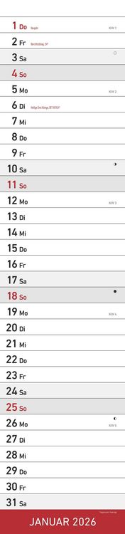 Produktbild: Streifenplaner XL ROT 2026 - Streifenkalender 15x64 cm - Wandplaner - Küchenkalender - schmales Design - eine Spalte - Langplaner