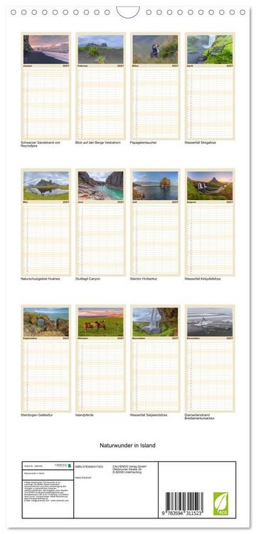 Produktbild: Familienplaner 2027 - Naturwunder in Island mit 5 Spalten (Wandkalender, 21 x 45 cm) CALVENDO