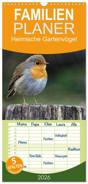 Produktbild: Familienplaner 2026 - Heimische Gartenv&ouml;gel mit 5 Spalten (Wandkalender, 21 x 45 cm) CALVENDO