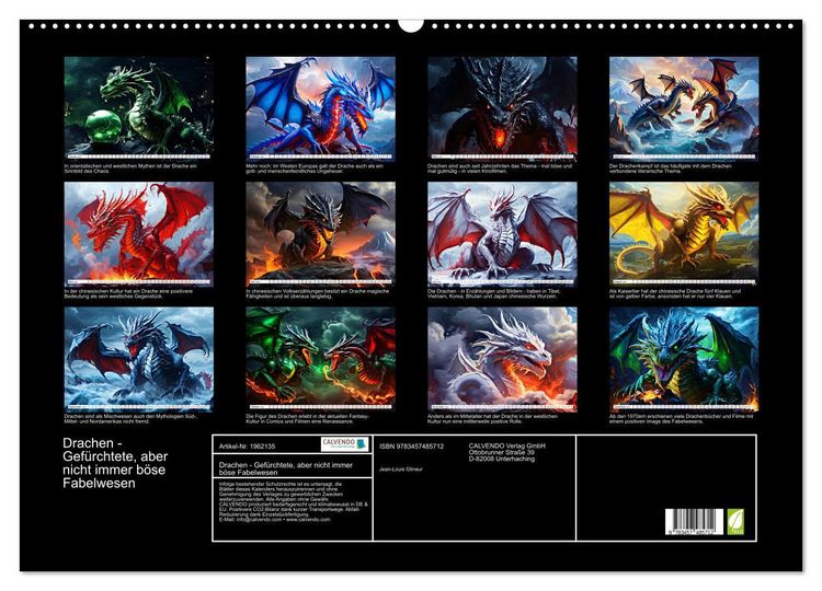 Produktbild: Drachen - Gef&uuml;rchtete, aber nicht immer b&ouml;se Fabelwesen (Wandkalender 2026 DIN A2 quer), CALVENDO Monatskalender