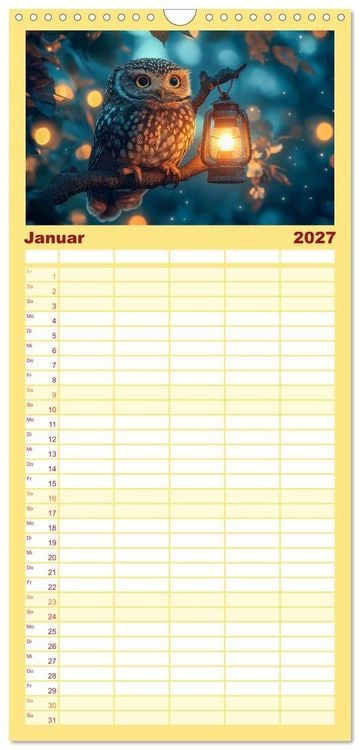 Produktbild: Familienplaner 2027 - Eulen im Wald - Die geheimen Jobs und Aufgaben mit 5 Spalten (Wandkalender, 21 x 45 cm) CALVENDO