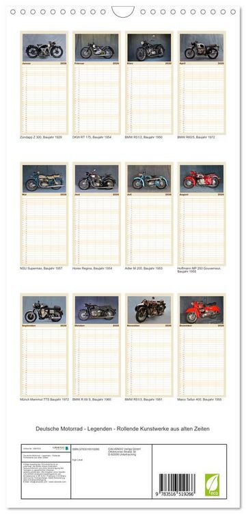 Produktbild: Familienplaner 2026 - Deutsche Motorrad - Legenden - Rollende Kunstwerke aus alten Zeiten mit 5 Spalten (Wandkalender, 21 x 45 cm) CALVENDO