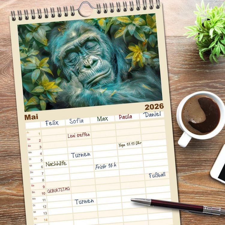 Produktbild: Familienplaner 2026 - Tierische Tr&auml;umer - Sanft ruhend mit 5 Spalten (Wandkalender, 21 x 45 cm) CALVENDO