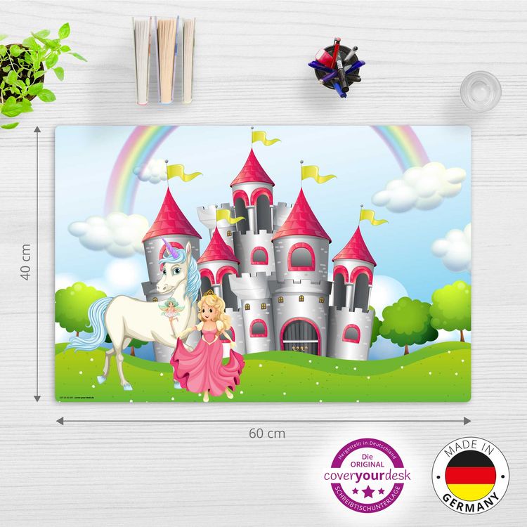 Produktbild: Cover-your-desk Schreibtischunterlage f&uuml;r Kinder M&auml;rchenschloss mit Einhorn und Prinzessin, aus hochwertigem Vinyl , 60 x 40 cm