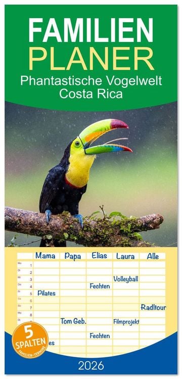 Produktbild: Familienplaner 2026 - Phantastische Vogelwelt Costa Rica mit 5 Spalten (Wandkalender, 21 x 45 cm) CALVENDO