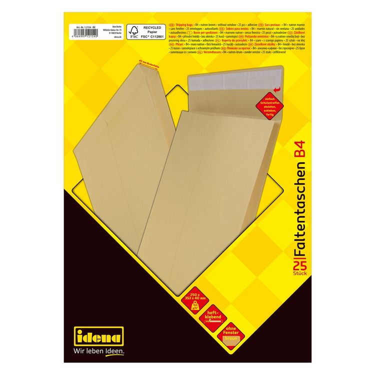 Produktbild: Idena Faltentasche 150g/m&sup2; haftklebend ohne Fenster braun DIN B4 25 St&uuml;ck 4cm Boden