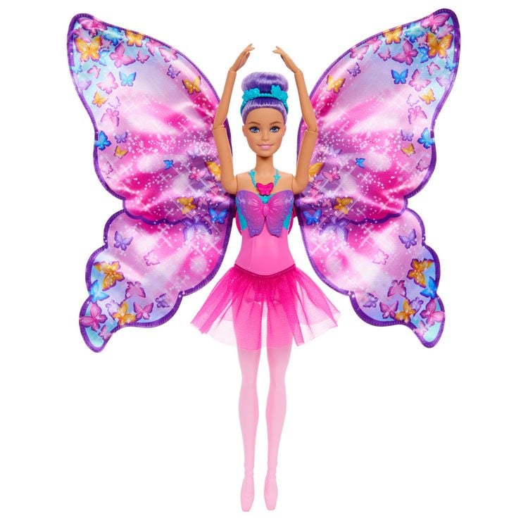 Produktbild: Barbie Tanz und Flatter Puppe mit 2-in-1-Verwandlung von der Tänzerin zum Schmetterling, violette Haare