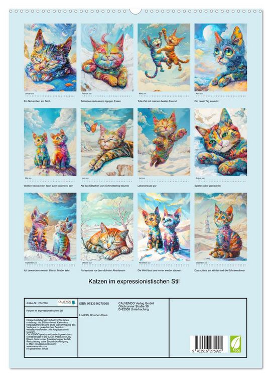 Produktbild: Katzen im expressionistischen Stil (hochwertiger Premium Wandkalender 2026 DIN A2 hoch), Kunstdruck in Hochglanz