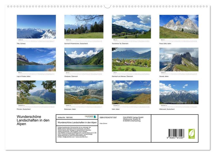 Produktbild: Wundersch&ouml;ne Landschaften in den Alpen (hochwertiger Premium Wandkalender 2026 DIN A2 quer), Kunstdruck in Hochglanz