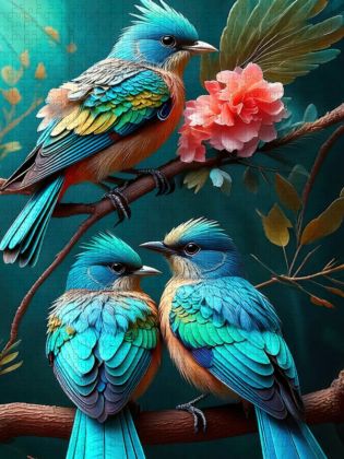 Produktbild: CALVENDO Puzzle Drei blau t&uuml;rkisfarbene Paradiesv&ouml;gel zwischen filigranen Bl&uuml;ten | 1000 Teile Lege-Gr&ouml;&szlig;e 64x48cm Foto-Puzzle f&uuml;r gl&uuml;ckliche Stunden