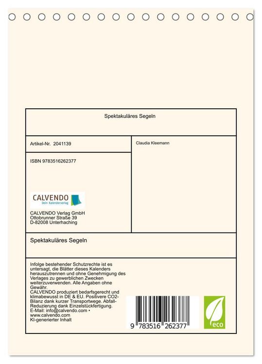 Produktbild: Spektakul&auml;res Segeln (Tischkalender 2026 DIN A5 hoch), CALVENDO Monatskalender