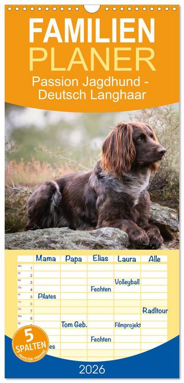 Produktbild: Familienplaner 2026 - Passion Jagdhund - Deutsch Langhaar mit 5 Spalten (Wandkalender, 21 x 45 cm) CALVENDO