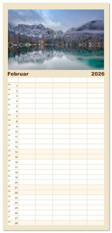 Produktbild: Familienplaner 2026 - Bezaubernde Bergseen mit 5 Spalten (Wandkalender, 21 x 45 cm) CALVENDO