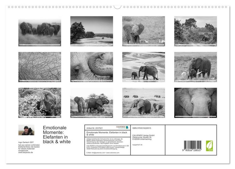 Produktbild: Emotionale Momente: Elefanten in black & white (hochwertiger Premium Wandkalender 2026 DIN A2 quer), Kunstdruck in Hochglanz