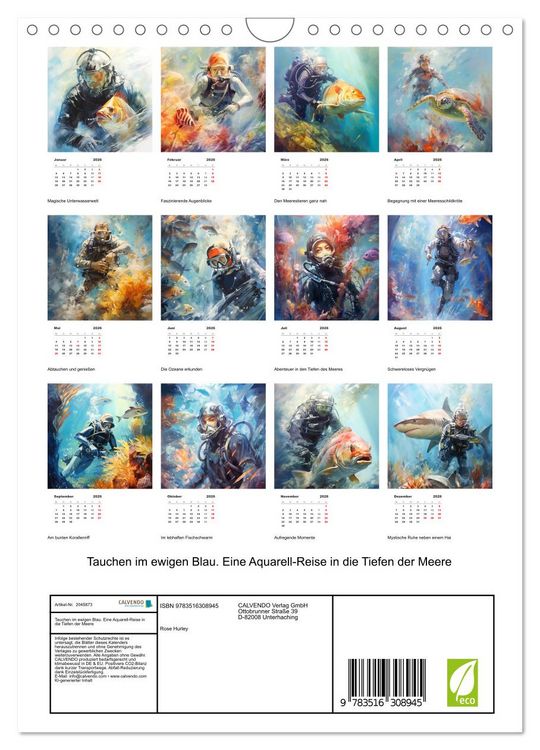 Produktbild: Tauchen im ewigen Blau. Eine Aquarell-Reise in die Tiefen der Meere (Wandkalender 2026 DIN A4 hoch), CALVENDO Monatskalender