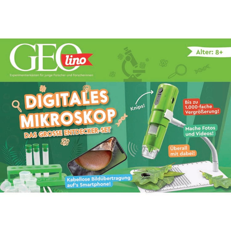 Produktbild: FRANZIS 67184 - GEOLINO Digitales Mikroskop, das gro&szlig;e Entdecker-Set mit Experimentierideen f&uuml;r drinnen und drau&szlig;en f&uuml;r Kinder ab 8 Jahren, inkl. 96-seitigem Begleitbuch