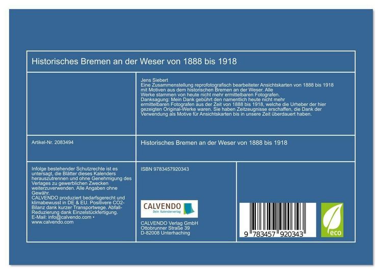 Produktbild: Historisches Bremen an der Weser von 1888 bis 1918 (Tischkalender 2026 DIN A5 quer), CALVENDO Monatskalender