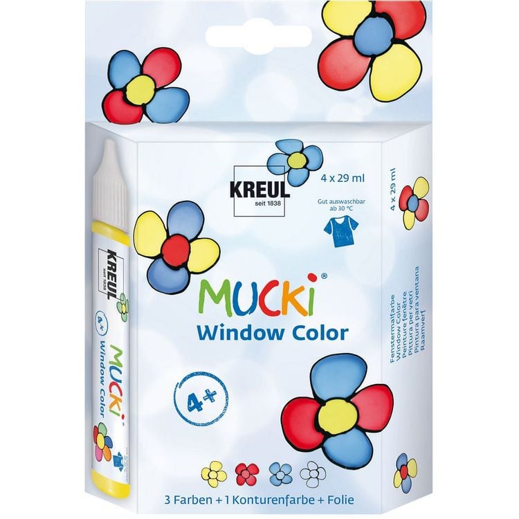 Produktbild: KREUL Window Color Pen Set MUCKi mit Konturenfarbe und Folie 4x29ml Kartonetui