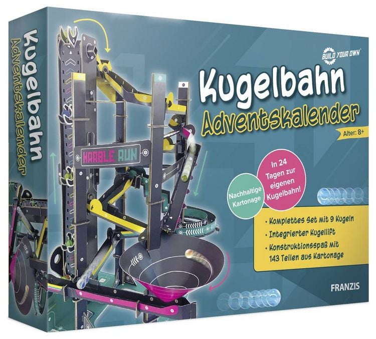 Produktbild: FRANZIS 67300 - Kugelbahn Adventskalender. In 24 Tagen zur eigenen Kugelbahn. Mit nachhaltiger Kartonage. F&uuml;r Kinder ab 8 Jahren