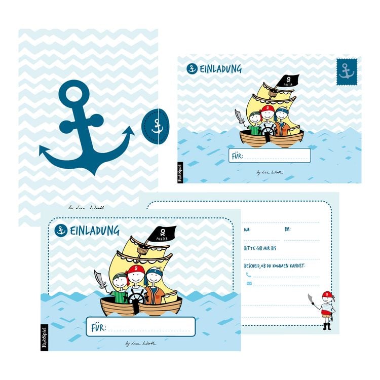 Produktbild: 12 Einladungskarten Geburtstag Junge (Piraten). Handgemachte Geburtstag Einladungskarten zum Kindergeburtstag incl. 12 liebevollen Hand designten Briefumschl&auml;gen. Verpackt in einer wundervollen hochwertigen Karton Box. By Lisa Wirth