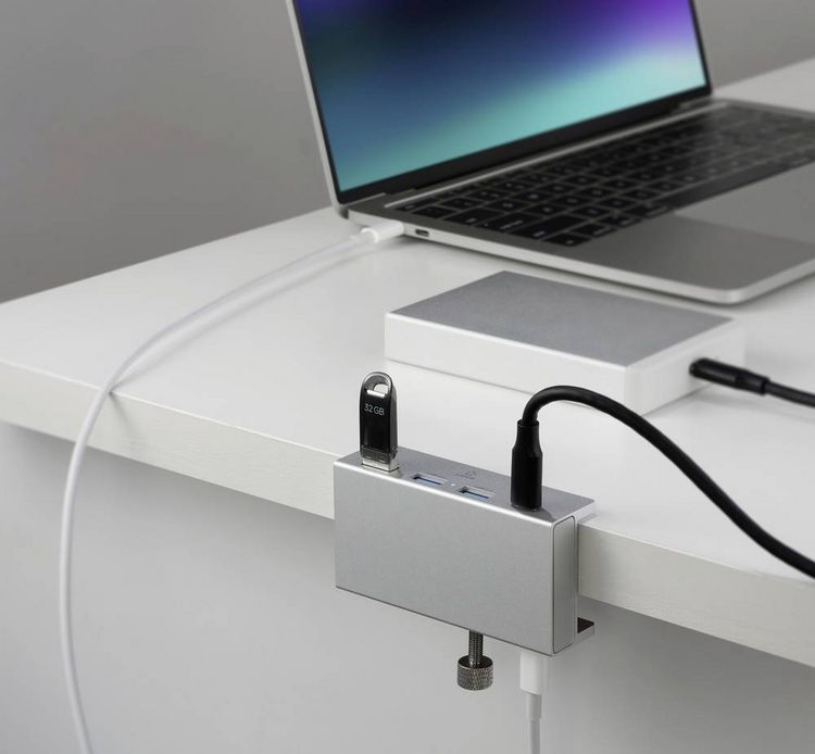 Produktbild: Renkforce RF-6690354 USB-Hub 3+1 Port USB-A, USB-C&reg; USB 3.1 Gen1 5 GBit/s mit Aluminiumgeh&auml;use Silber RF-ACHB-350