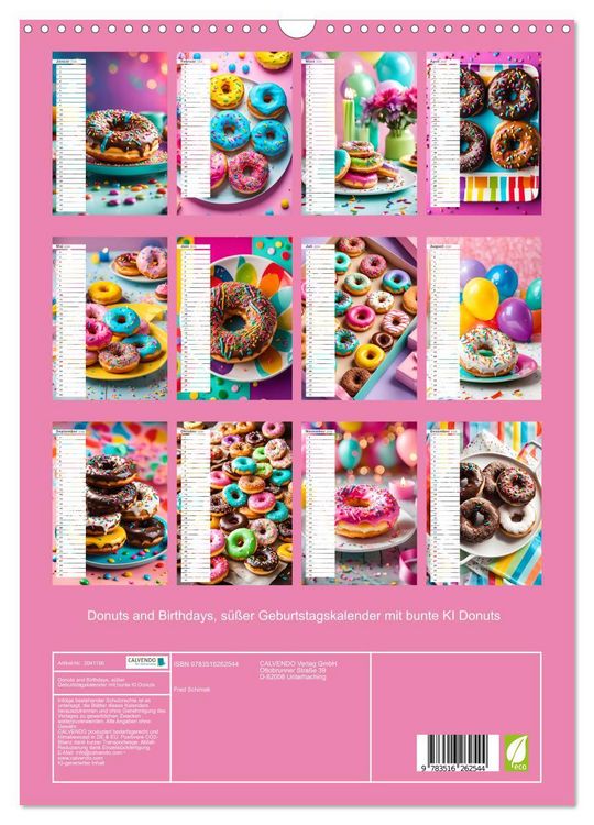 Produktbild: Donuts and Birthdays, s&uuml;&szlig;er Geburtstagskalender mit bunte KI Donuts (Wandkalender 2026 DIN A3 hoch), CALVENDO Monatskalender
